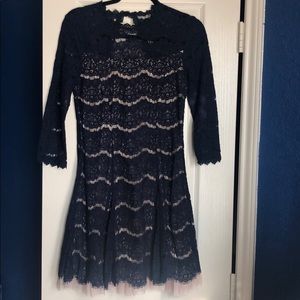 High neck A-line lace dress with tulle underlay